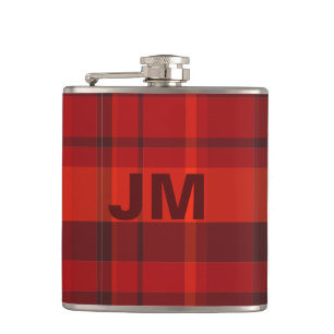 Red Tartan Plaid Monogram Hip Flask
