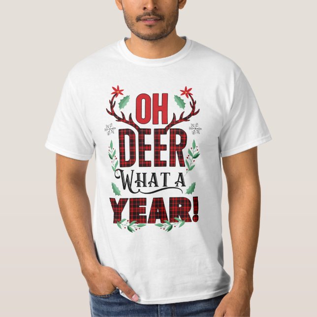 Red Tartan Plaid Oh Deer What a Year Holiday T-Shirt (Front)