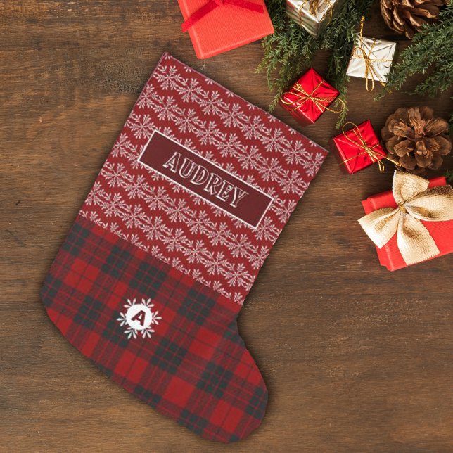 Red Tartan Plaid Snow Flake Cute Monogram Large Christmas Stocking (Creator Uploaded)