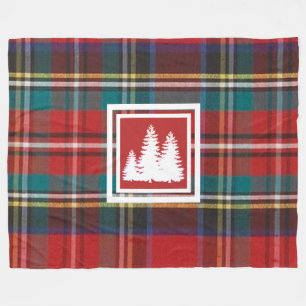 Red Tartan Plaid & White Pine Tree Silhouette Fleece Blanket