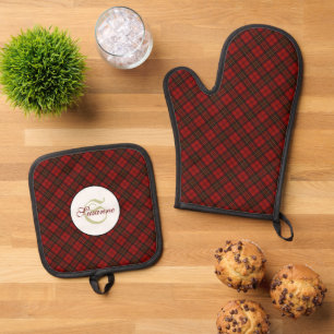 Red tartan plaid winter elegant pattern Monogram Oven Mitt & Pot Holder Set