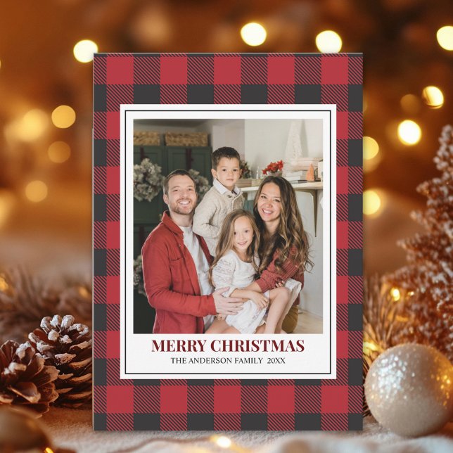 Red Tartan Plaid with Christmas Family Photo Holiday Card (Creator Uploaded)