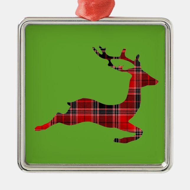 Red Tartan reindeer Scottish Christmas Metal Tree Decoration (Front)