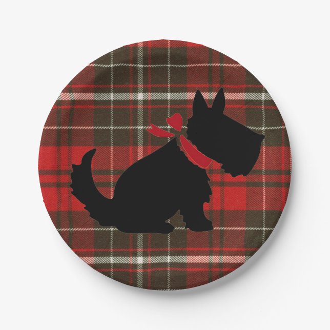 Red Tartan Scotty Dog Cute Traditional Paper Plate (Front)