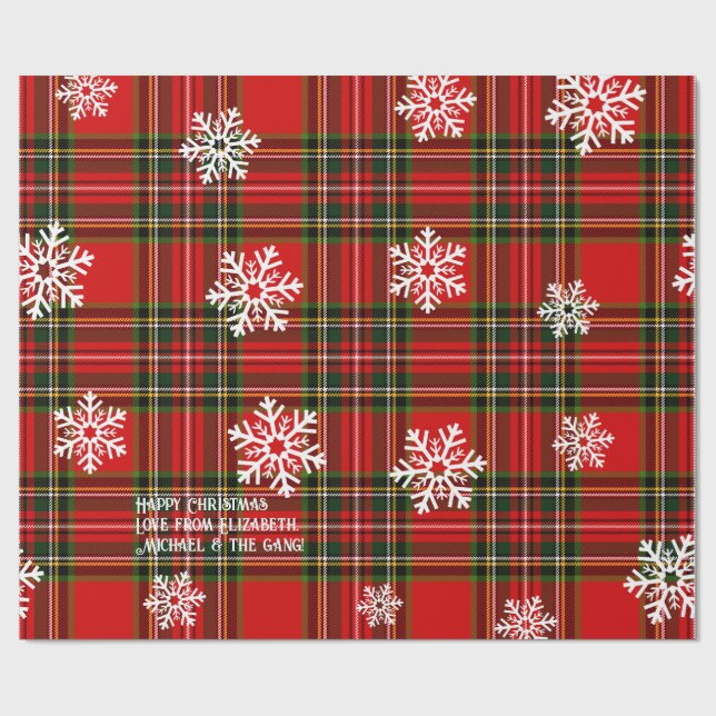 Red Tartan White Snowflake Personalised Christmas Wrapping Paper (Flat)