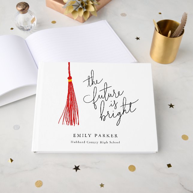 Red Tassel The Future Is Bright Graduation Guest Book (Front Open)
