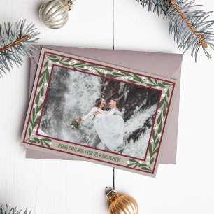 Red Taupe Green Mistoetoe Frame Merry Christmas Holiday Card