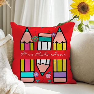 Red Teacher Colorful Pencil Name Throw Pillow