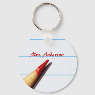 Red Teacher Pencil On Lined Paper With Name Key Ring