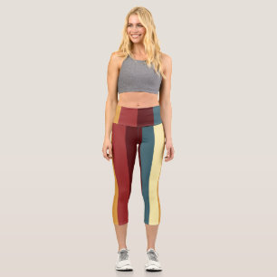 Red, teal and yellow stripes capri leggings