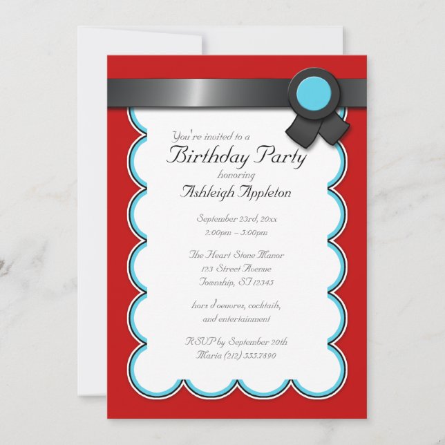 Red, Teal, & Black Birthday Party Invitations (Front)