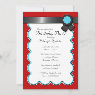 Red, Teal, & Black Birthday Party Invitations