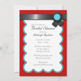 Red & Teal, Black Ribbon Bridal Shower Invitations