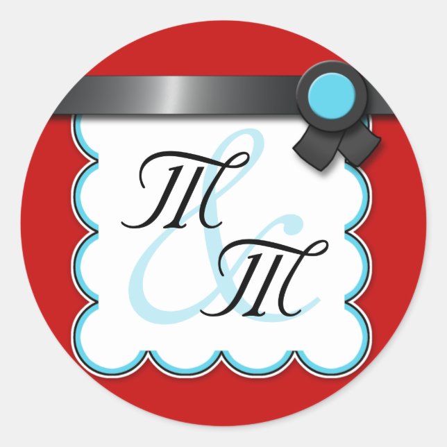 Red & Teal, Black Ribbon Double Monogram Stickers (Front)