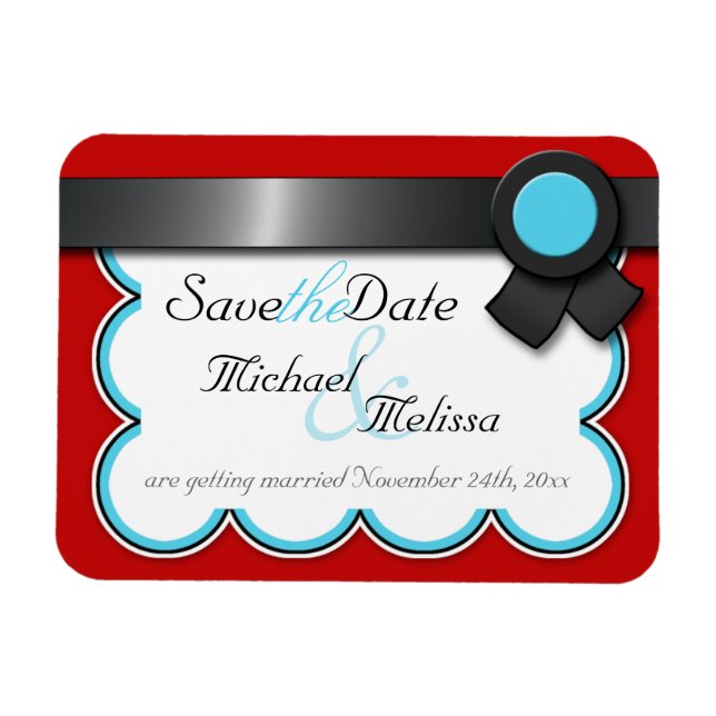 Red & Teal, Black Ribbon Save the Date flat Magnet (Horizontal)