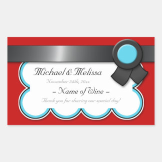 Red & Teal, Black Ribbon Wedding Wine Bottle Label