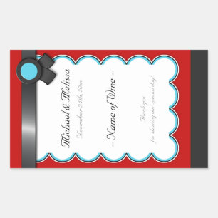 Red & Teal, Black Ribbon Wedding Wine Bottle Label