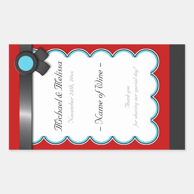 Red & Teal, Black Ribbon Wedding Wine Bottle Label (Front)