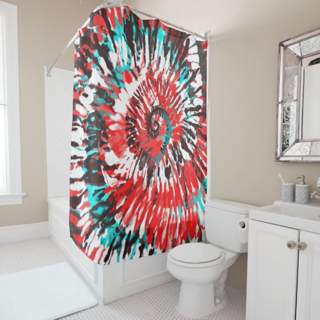 Red Teal Black White & Grey Tie Dye Shower Curtain (In Situ)