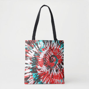 Red Teal Black White & Grey Tie Dye Tote Bag