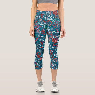 Red Teal Black White Spotted Graphic Abstraction Capri Leggings