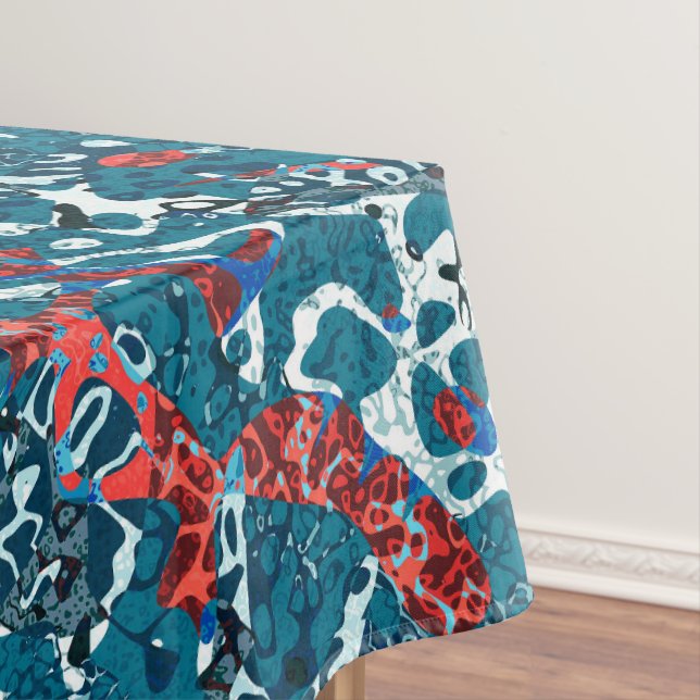 Red Teal Black White Spotted Graphic Abstraction Tablecloth (In Situ)