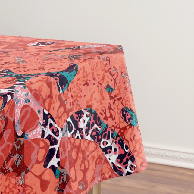 Red Teal Black White Spotted Graphic Abstraction Tablecloth (In Situ)