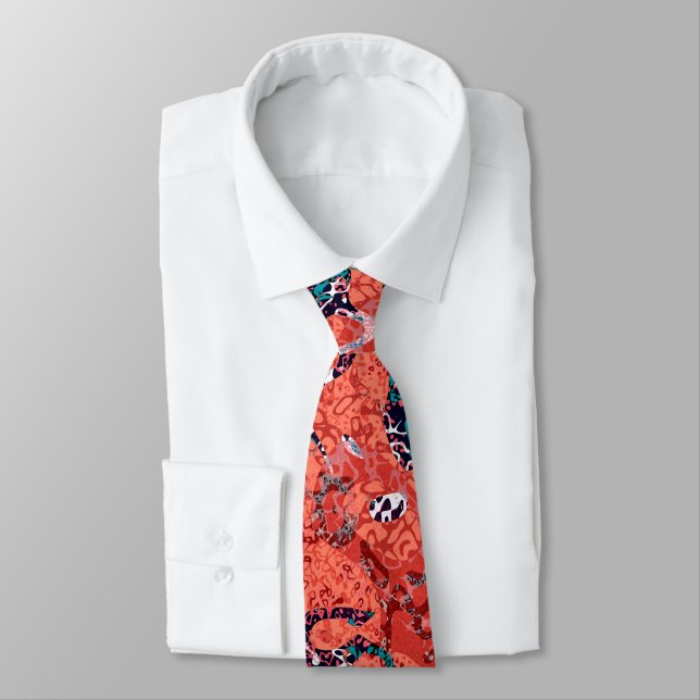Red Teal Black White Spotted Graphic Abstraction Tie (Tied)