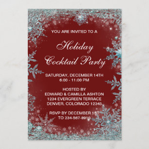 Red Teal Blue Snowflake Christmas Party Invitation