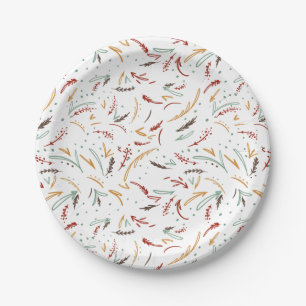 Red Teal & Brown Leaves and Berry Holiday Paper Plate