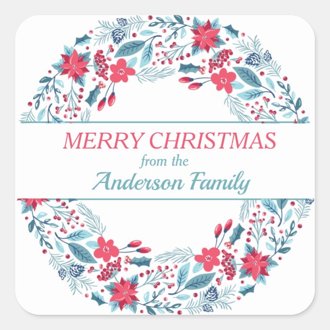 Red Teal Christmas Flowers Wreath Square Sticker (Front)