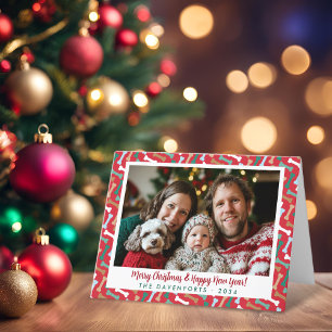 Red & Teal Dog Bones Pattern Christmas Pet Photo Holiday Card
