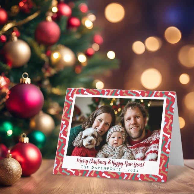 Red & Teal Dog Bones Pattern Christmas Pet Photo Holiday Card (Red & Teal Dog Bones Pattern Christmas Pet Photo Holiday Card)