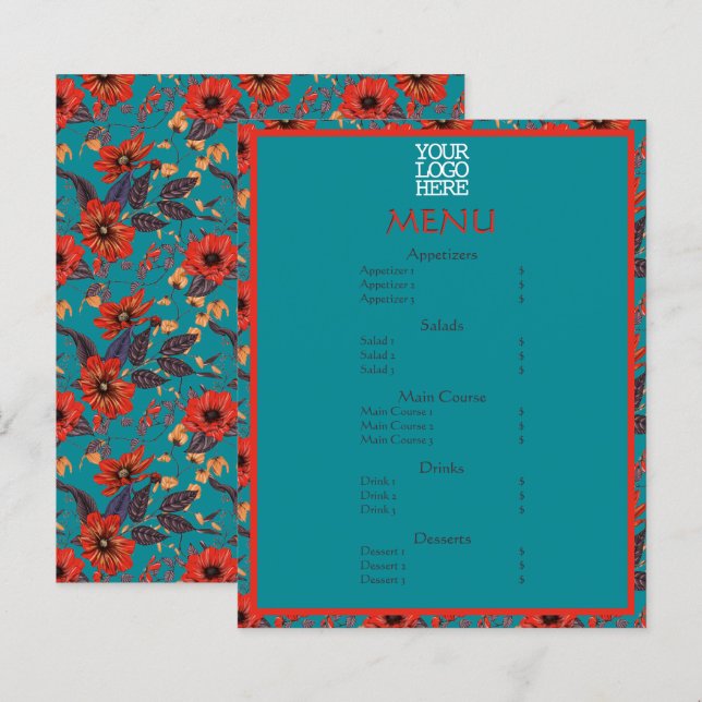 Red Teal Floral Cafe Restaurant Menu (Front/Back)