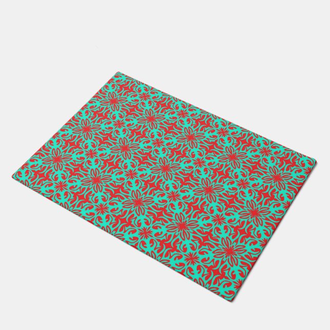 Red & teal floral doormat (Angled)