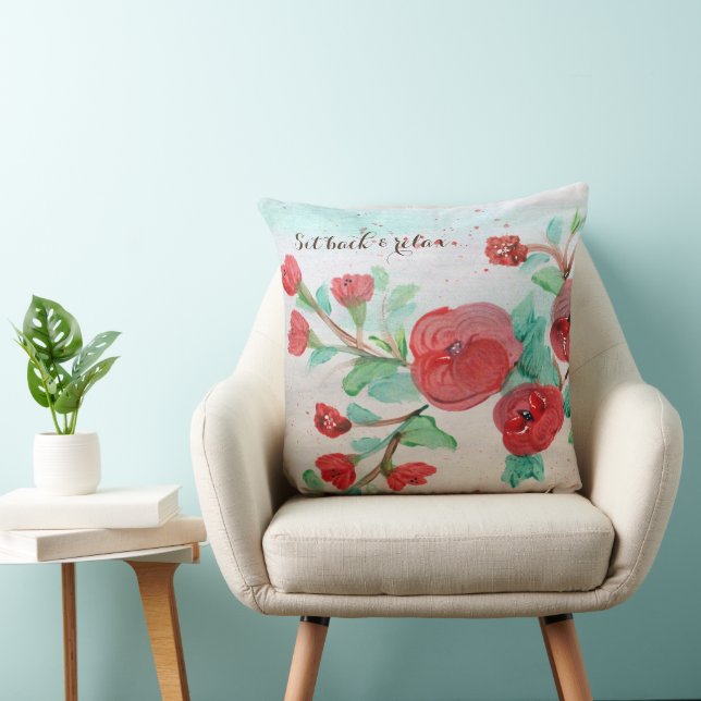 Red Teal Floral Pillow (Chair)