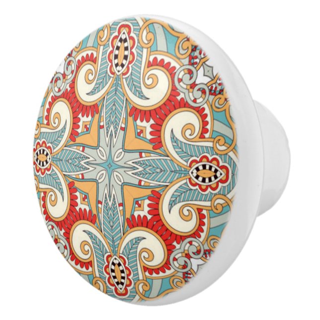 Red Teal Grey Blue Sunny Yelllow Kaleidoscope Art Ceramic Knob (Right)
