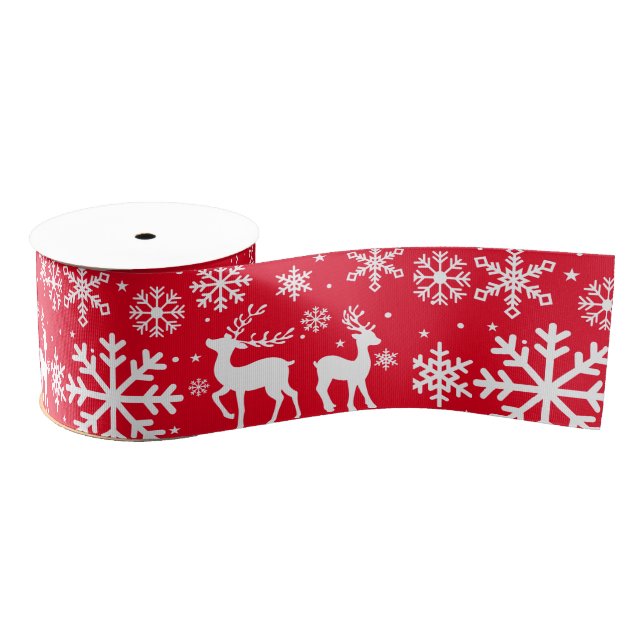 Red Teal Holly Snowflakes and reindeer  Christmas  Grosgrain Ribbon (Spool)