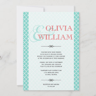 Red teal Moroccan tile ampersand modern wedding Invitation