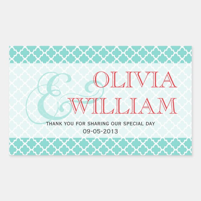 Red teal Moroccan tile ampersand wedding favour Rectangular Sticker (Front)