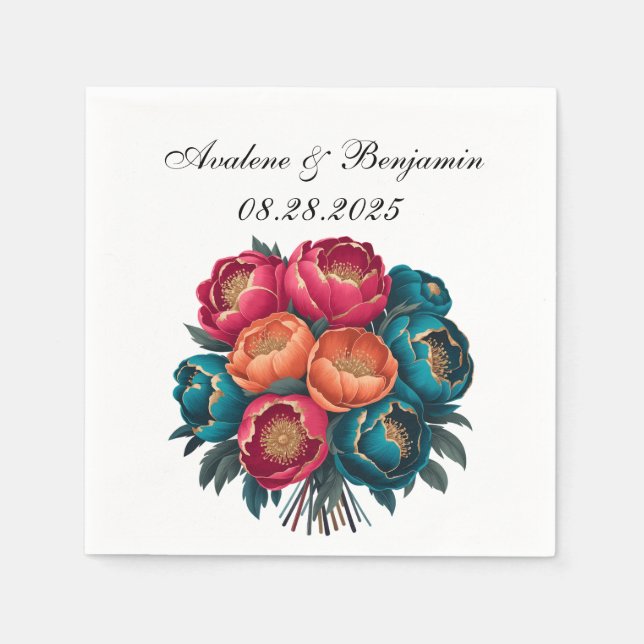 Red Teal Orange Peony Blooms Gold Trim Wedding Napkin (Front)