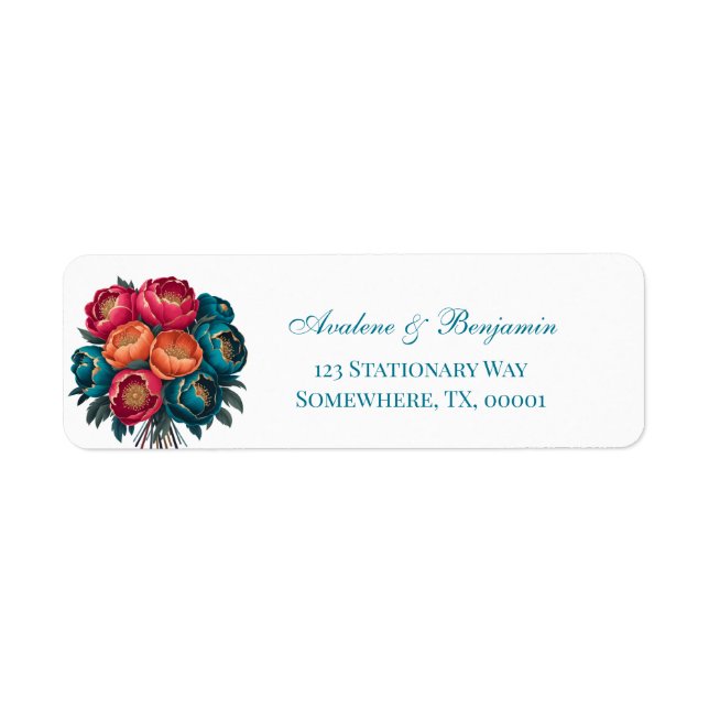 Red Teal Orange Peony Gold Trim Wedding Address (Front)