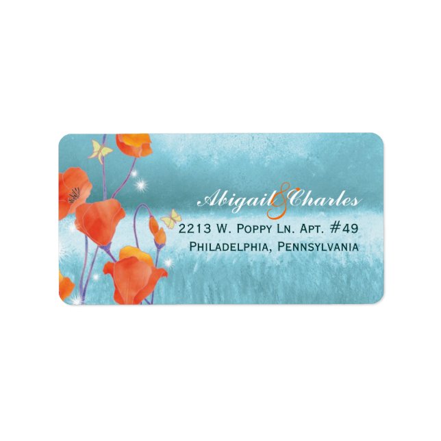 Red Teal Poppy Wedding Address Label (Front)