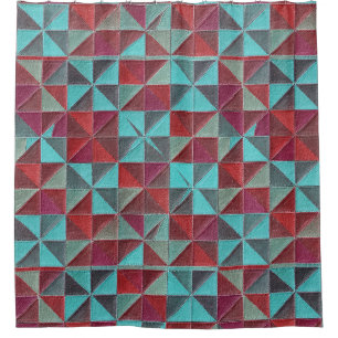 red, teal, purple, and gray quilt shower curtain