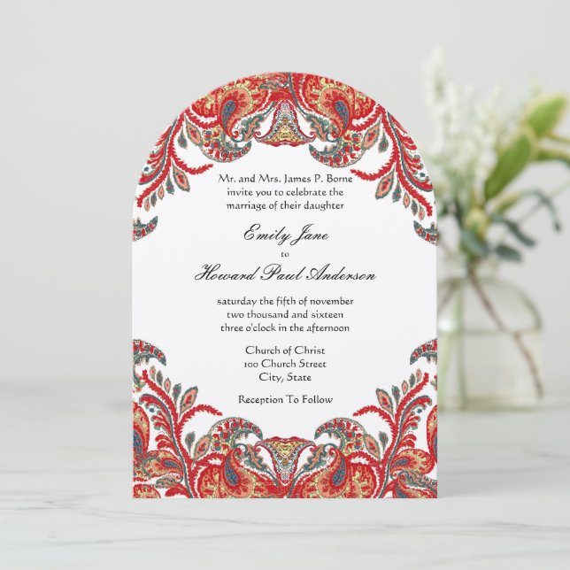 Red & Teal Vintage Paisley Peacock Damask Wedding Invitation (Standing Front)