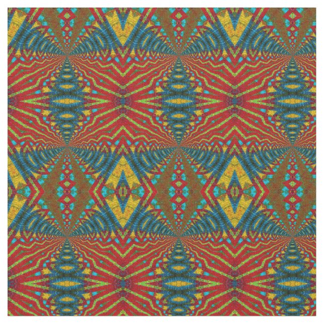 Red Teal Yellow Modern Ethnic Textile Tribal Print Fabric (Close Up)