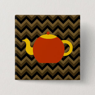 Red Teapot on Brown Zigzags. 15 Cm Square Badge