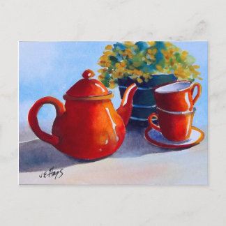 Red Teapot & Teacups Postcard