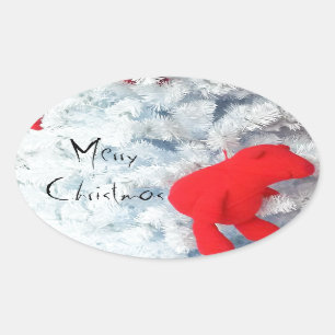 Red Teddy bear in Christmas Tree Oval Sticker