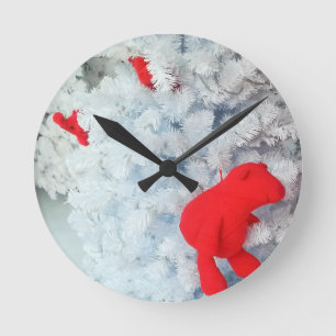 Red Teddy bear in Christmas Tree Round Clock